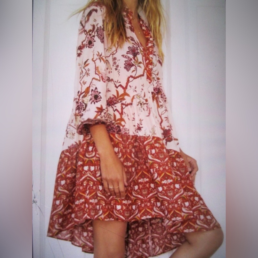 Anthropologie Whimsical Pink Bird Asymmetrical Dress Size S